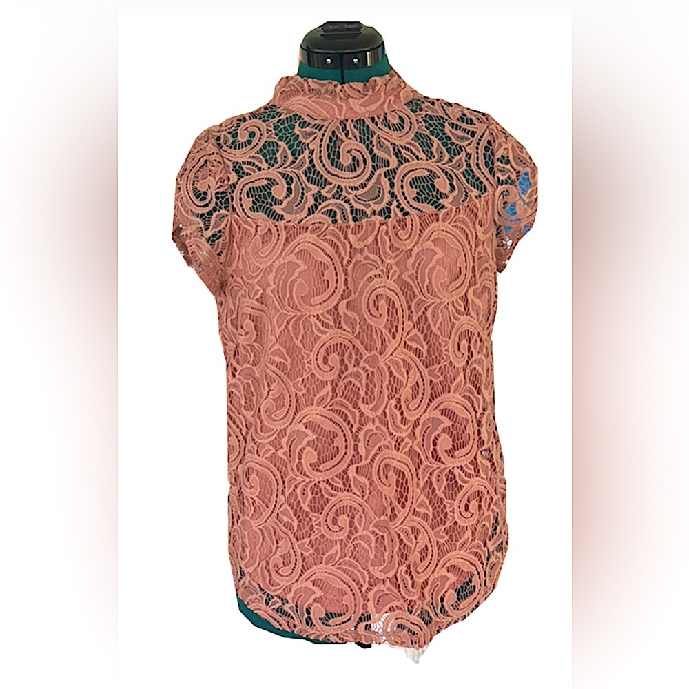 Romantic Feminine Peach Lace W Ruffle Mockneck Blouse Casual Sz L